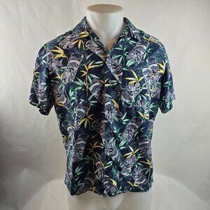 Croft Barrow Shirt Mens Medium Blue Tropical Button Up Hawaiian Tiki Floral